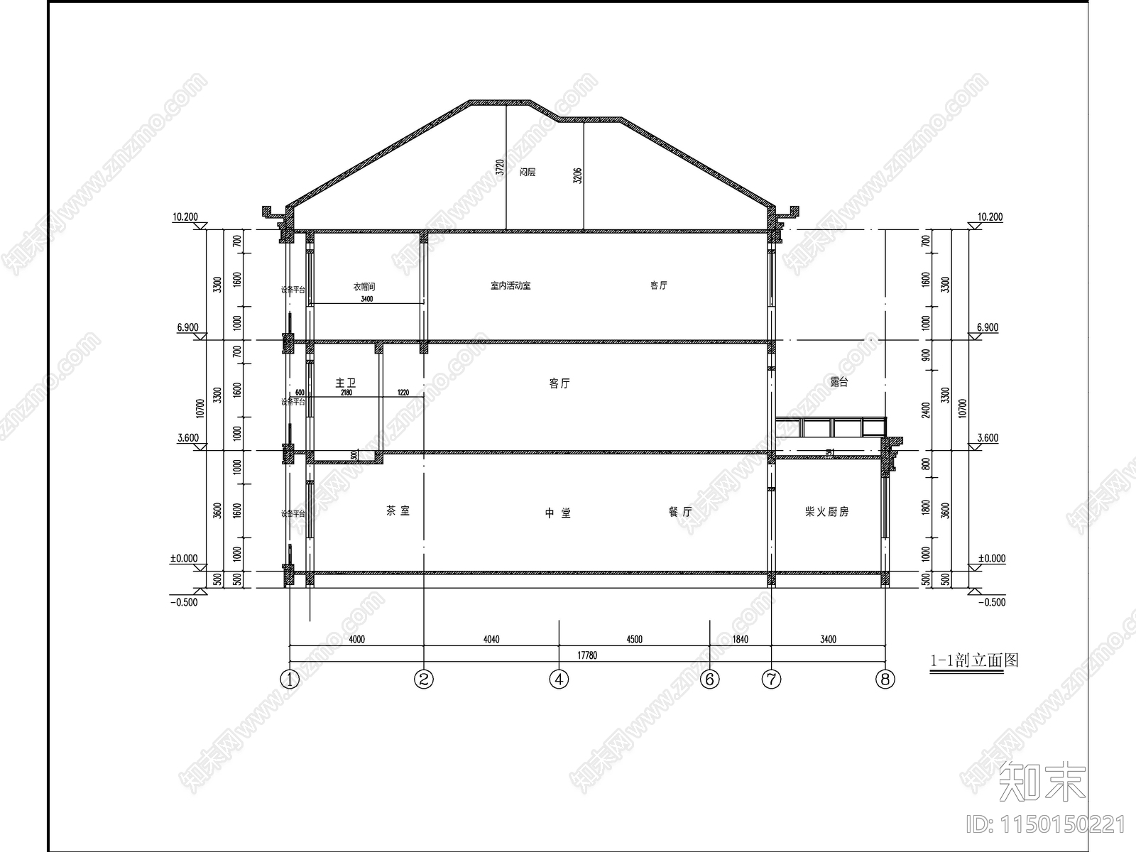 新中式三层独栋别墅建筑cad施工图下载【ID:1150150221】