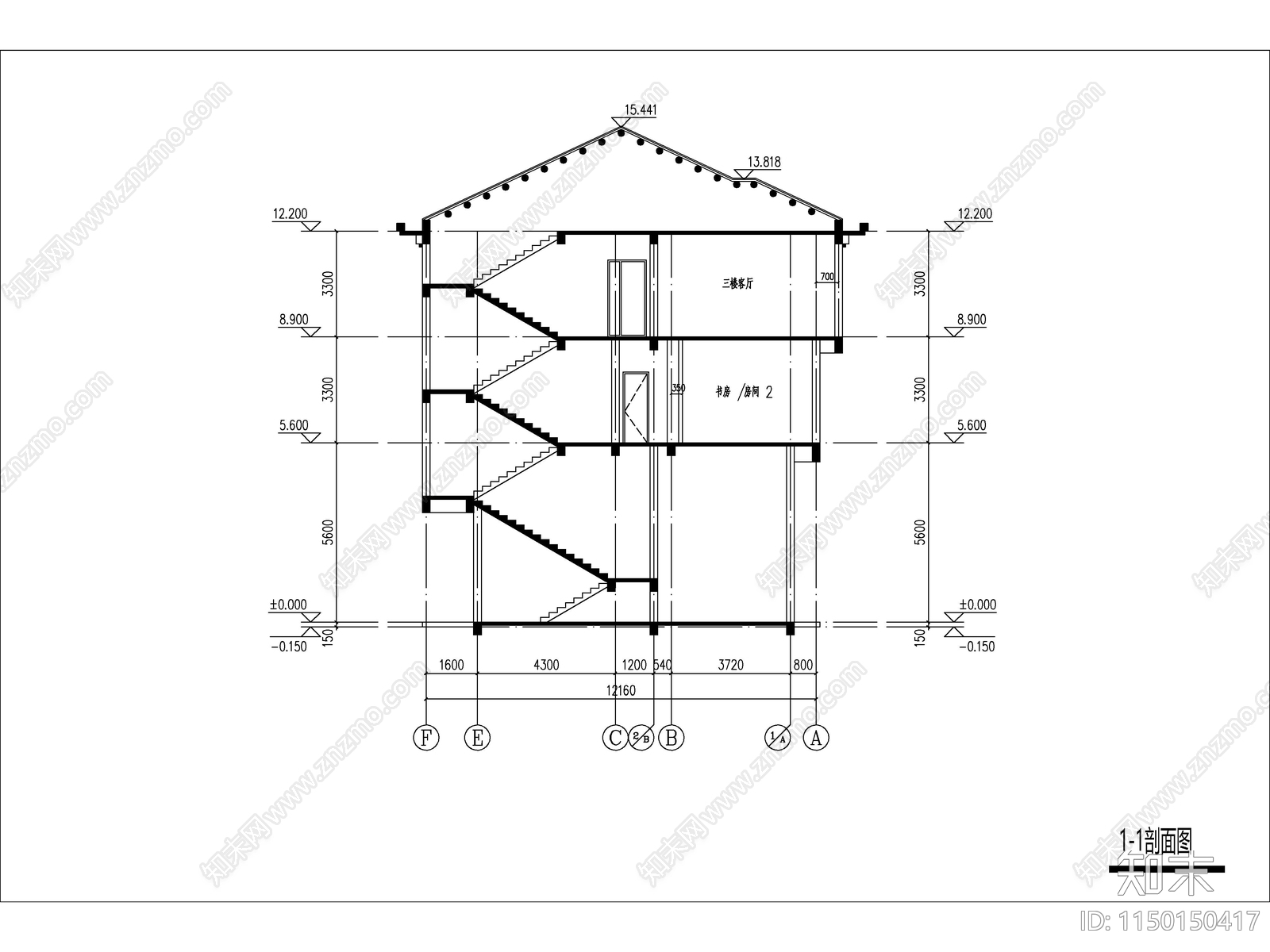 现代五层独栋别墅建筑cad施工图下载【ID:1150352200】