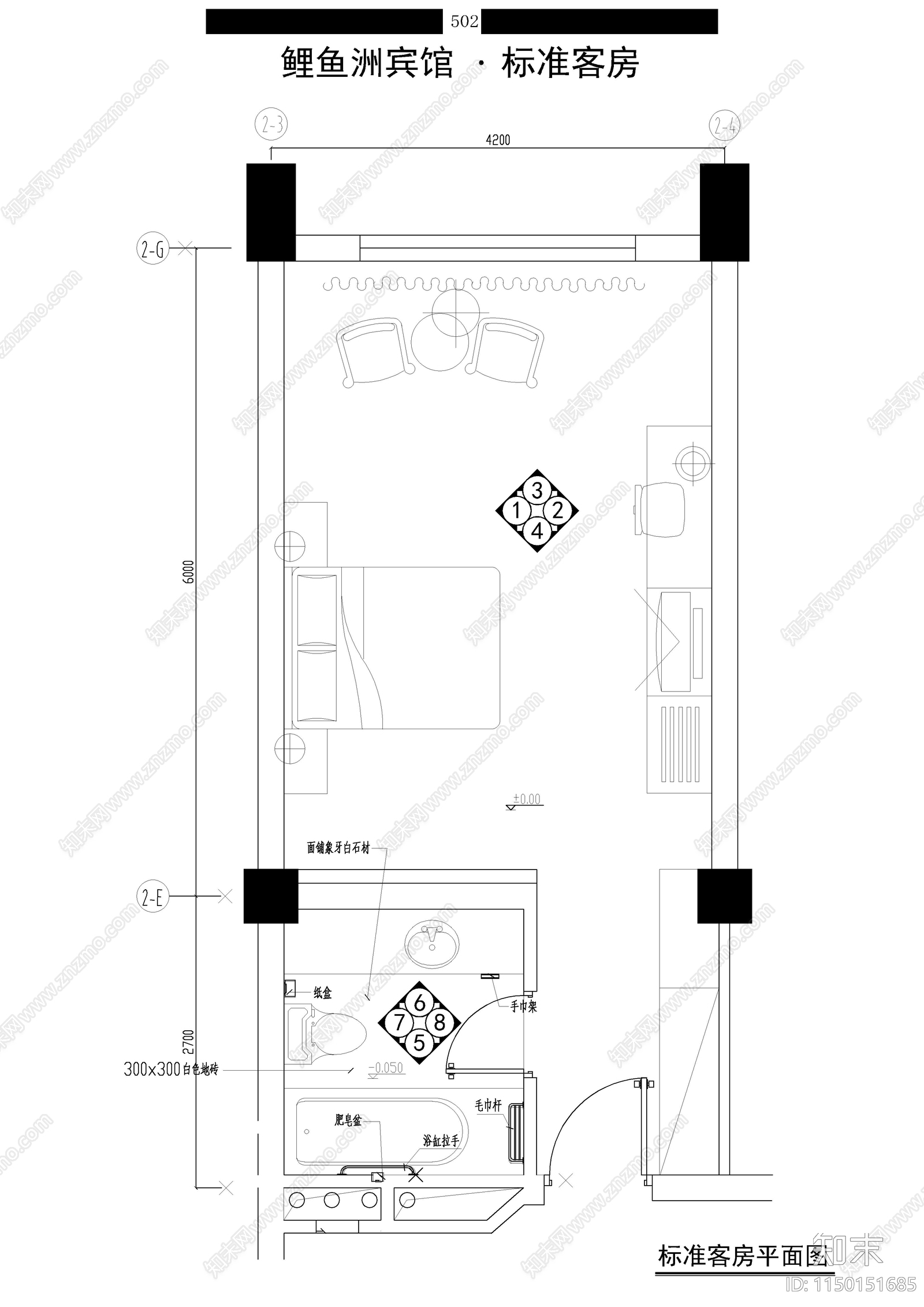 宾馆高级套房室内平面图cad施工图下载【ID:1150151685】