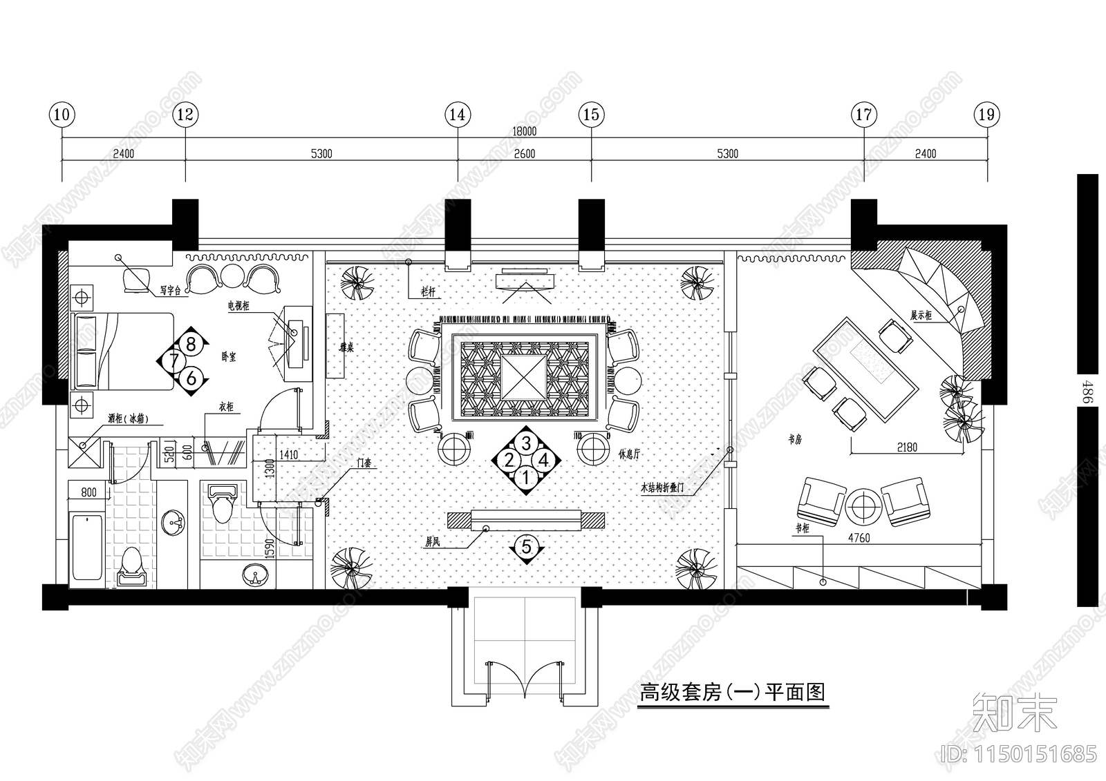 宾馆高级套房室内平面图施工图下载【ID:1150151685】