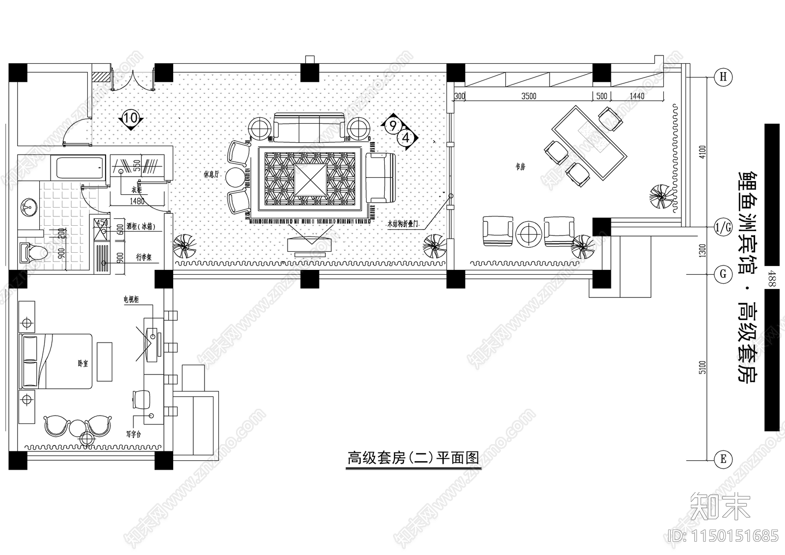 宾馆高级套房室内平面图cad施工图下载【ID:1150151685】