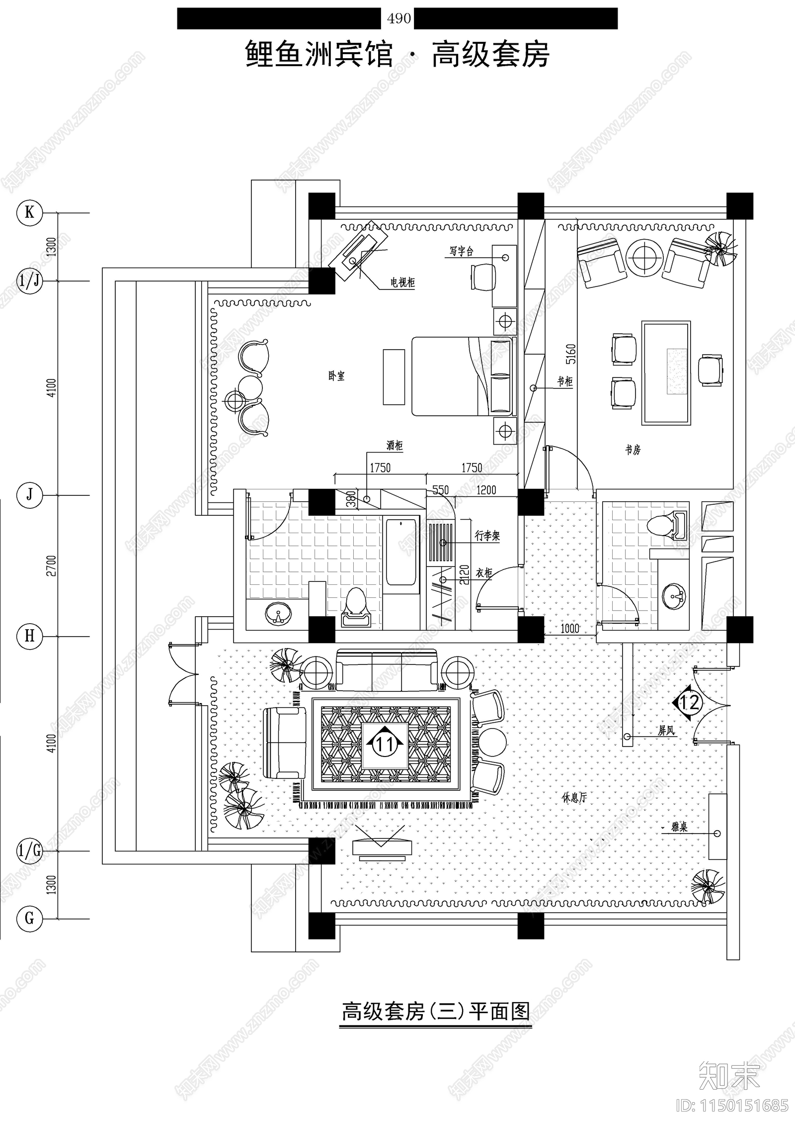 宾馆高级套房室内平面图cad施工图下载【ID:1150151685】