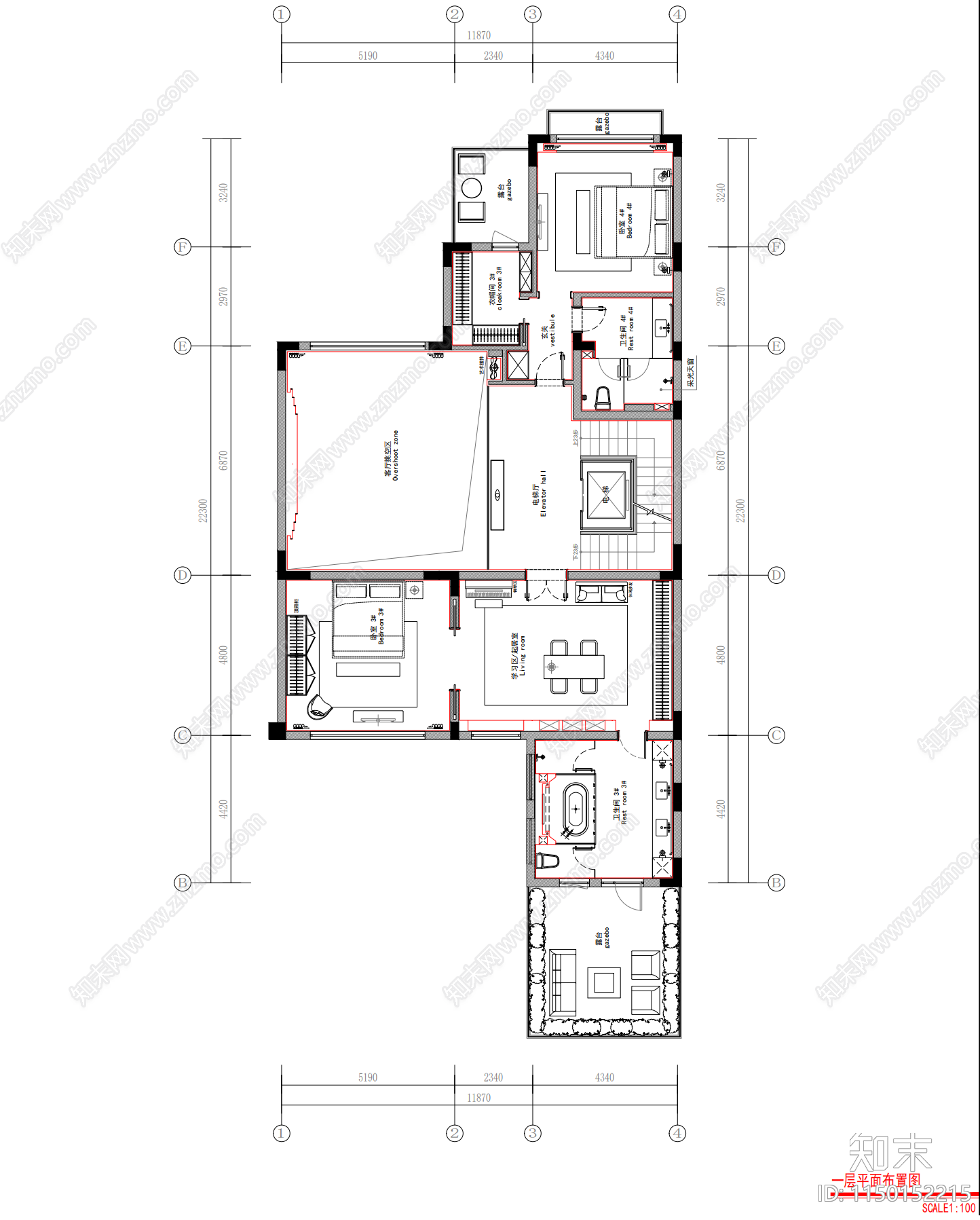 现代别墅室内平面图cad施工图下载【ID:1150152215】