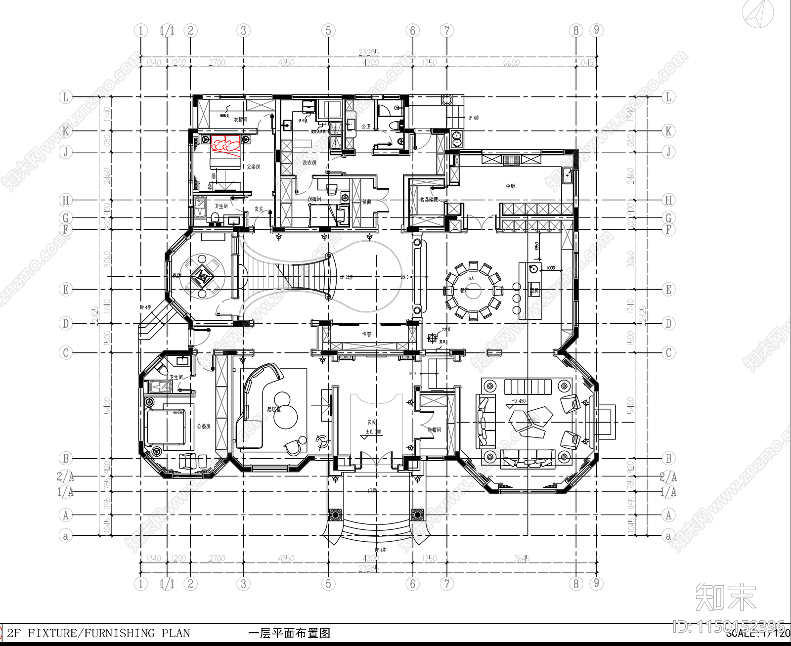 庄园别墅室内平面图施工图下载【ID:1150152396】