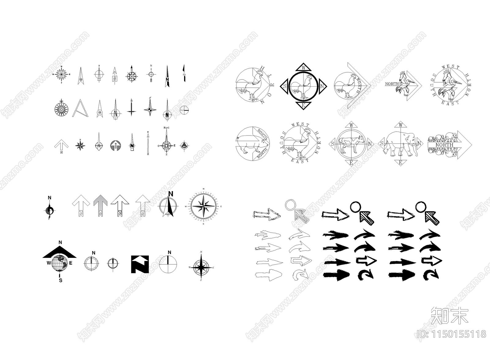 方向方位标牌指示图块施工图下载【ID:1150155118】