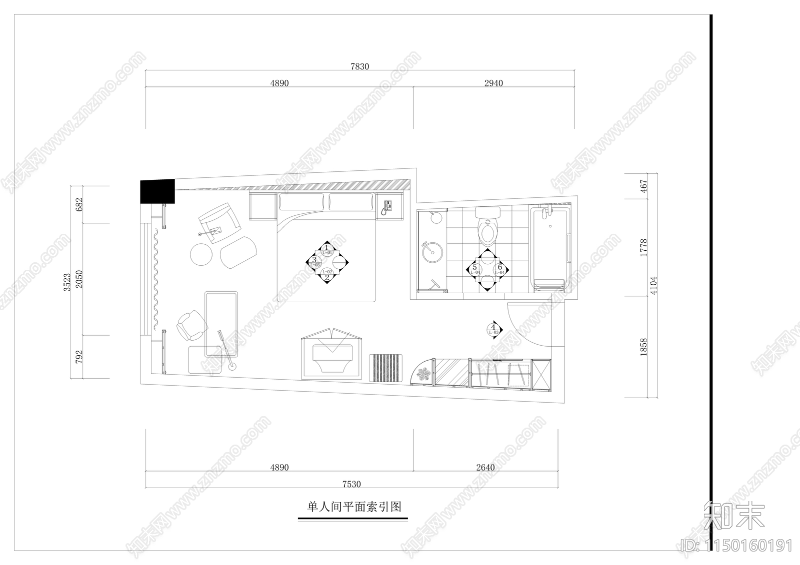 洒店客房室内cad施工图下载【ID:1150160191】