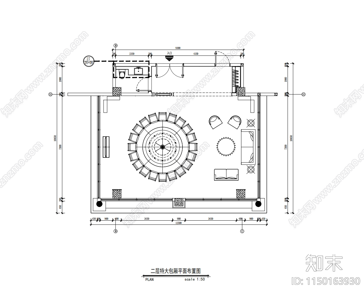 中餐厅22人大包厢室内施工图下载【ID:1150163930】