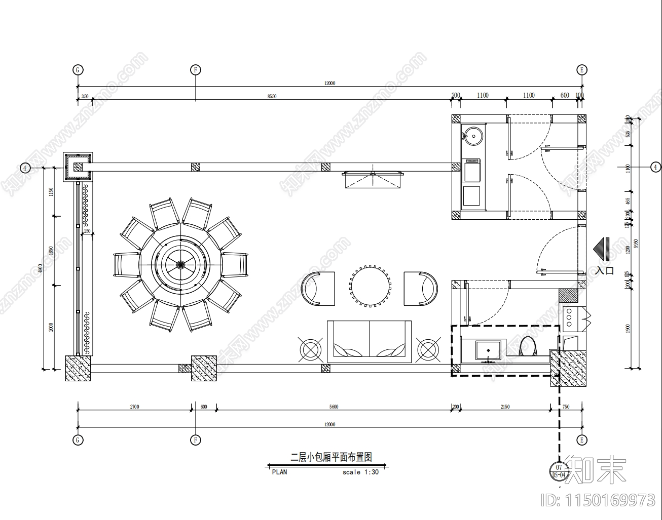 中餐厅10人包厢室内施工图下载【ID:1150169973】