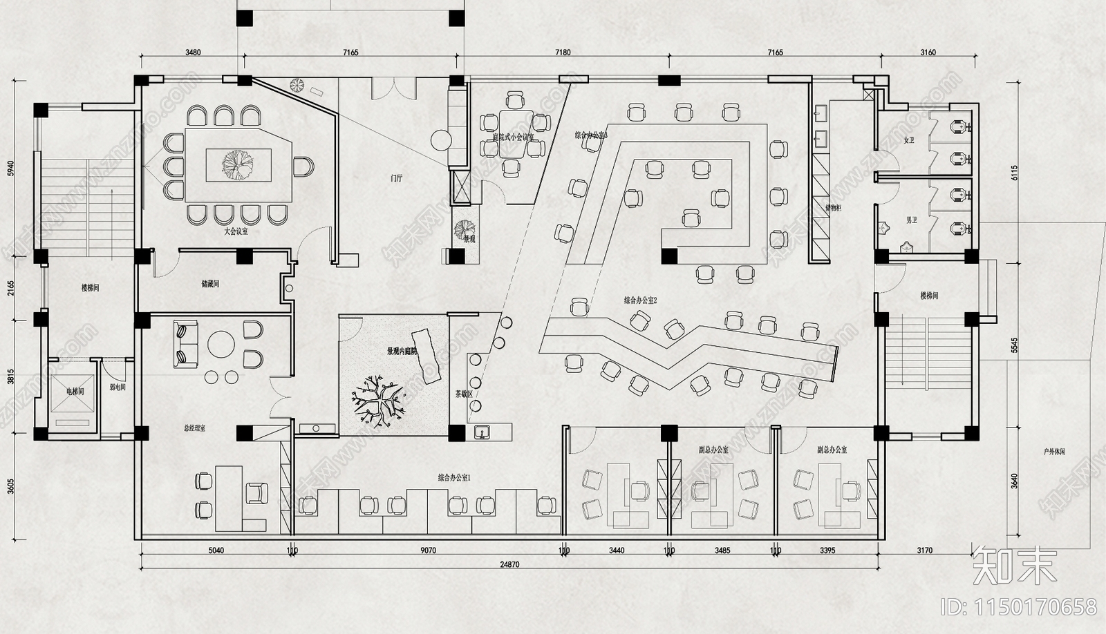 现代办公室内平面图施工图下载【ID:1150170658】