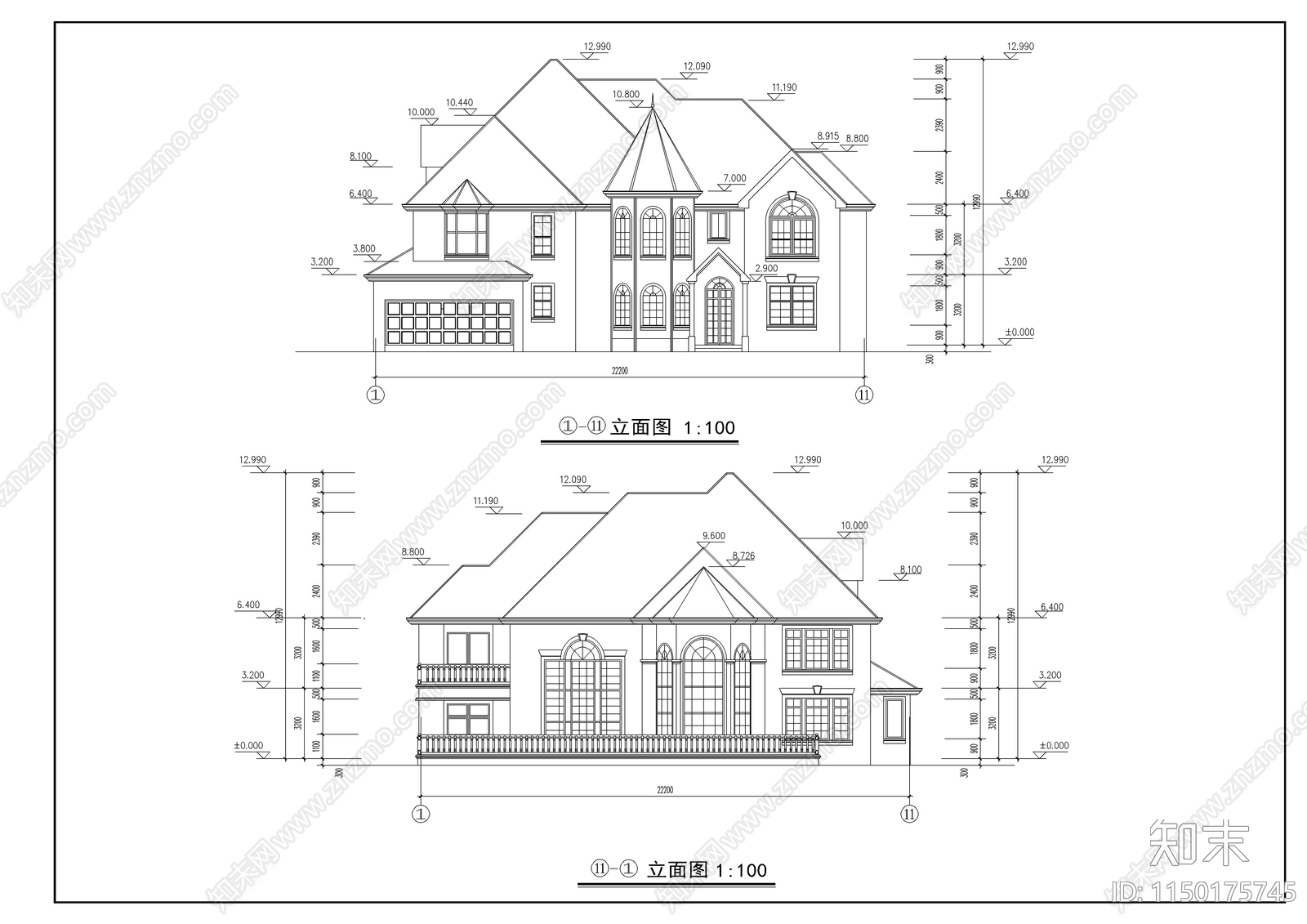 欧式别墅建筑cad施工图下载【ID:1150175745】