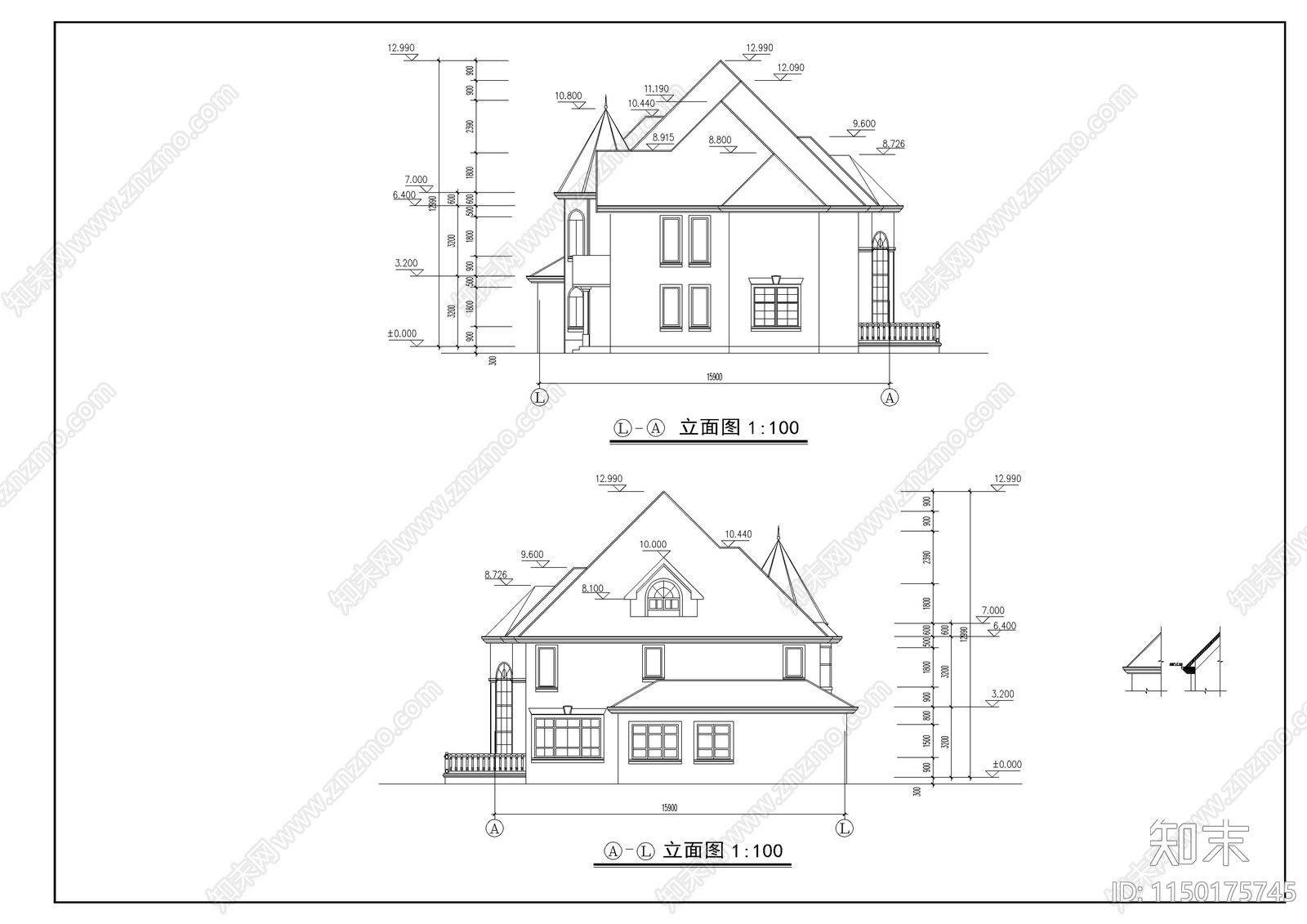 欧式别墅建筑cad施工图下载【ID:1150175745】