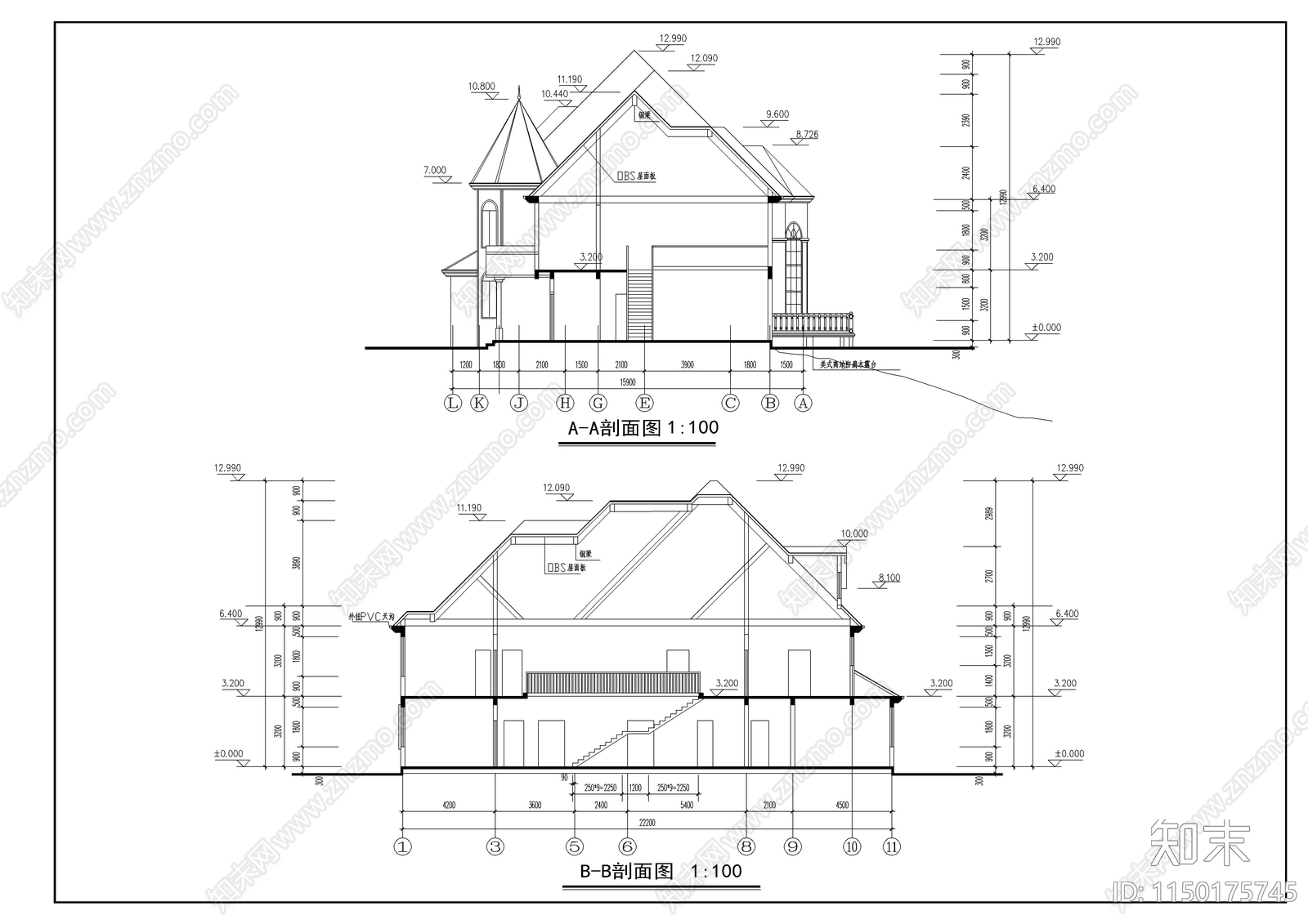欧式别墅建筑cad施工图下载【ID:1150175745】