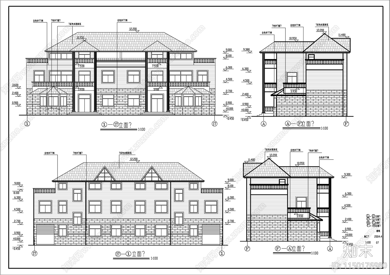 多层双拼住宅别墅建筑cad施工图下载【ID:1150176980】