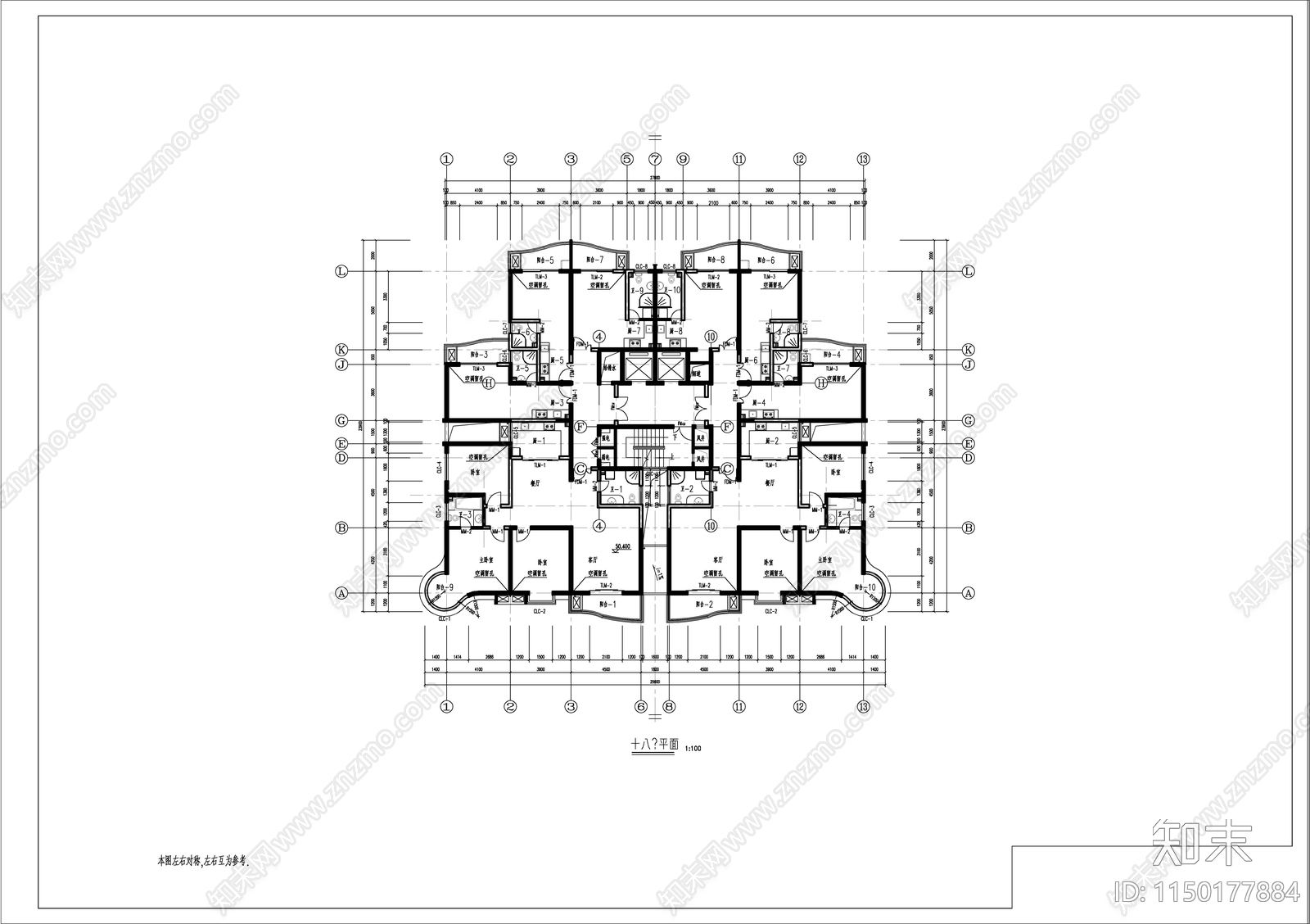 高层公寓建筑cad施工图下载【ID:1150177884】