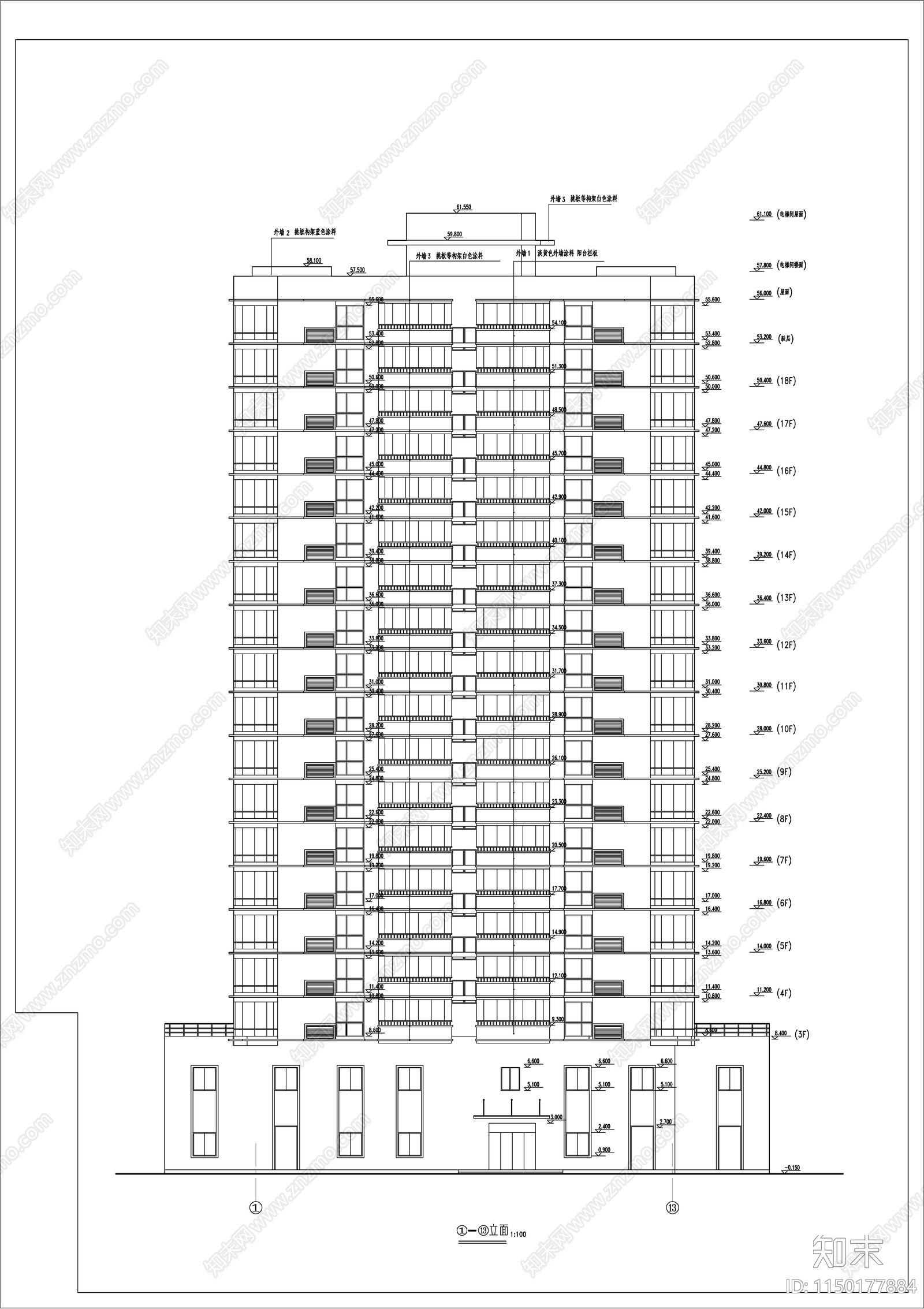 高层公寓建筑cad施工图下载【ID:1150177884】