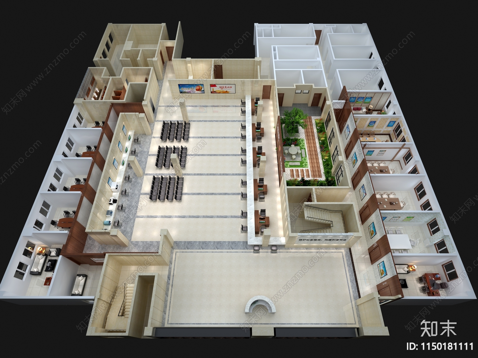 现代政务中心办事大厅鸟瞰3D模型下载【ID:1150181111】