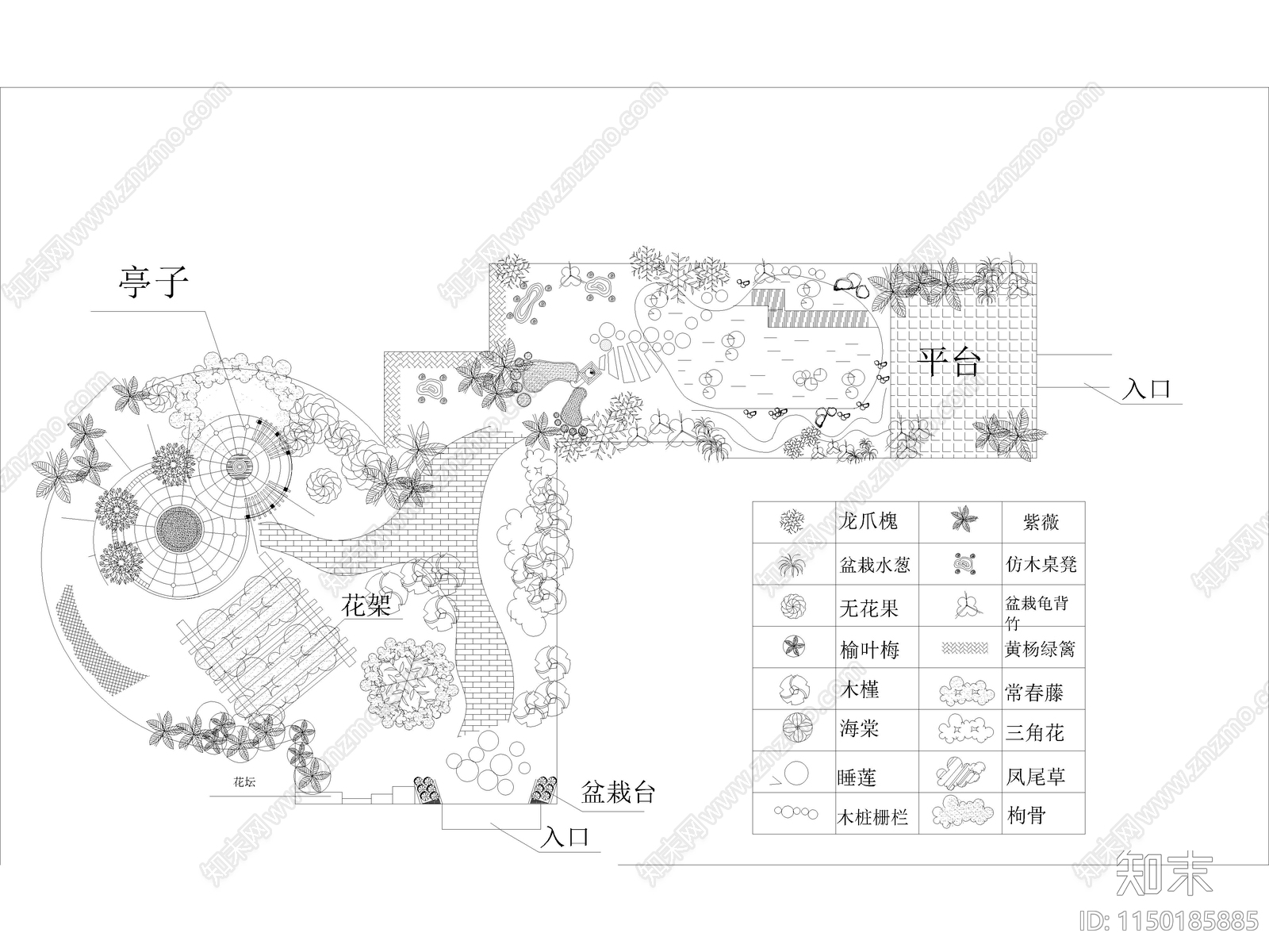 别墅小区屋顶花园景观绿化设计平面图cad施工图下载【ID:1150185885】