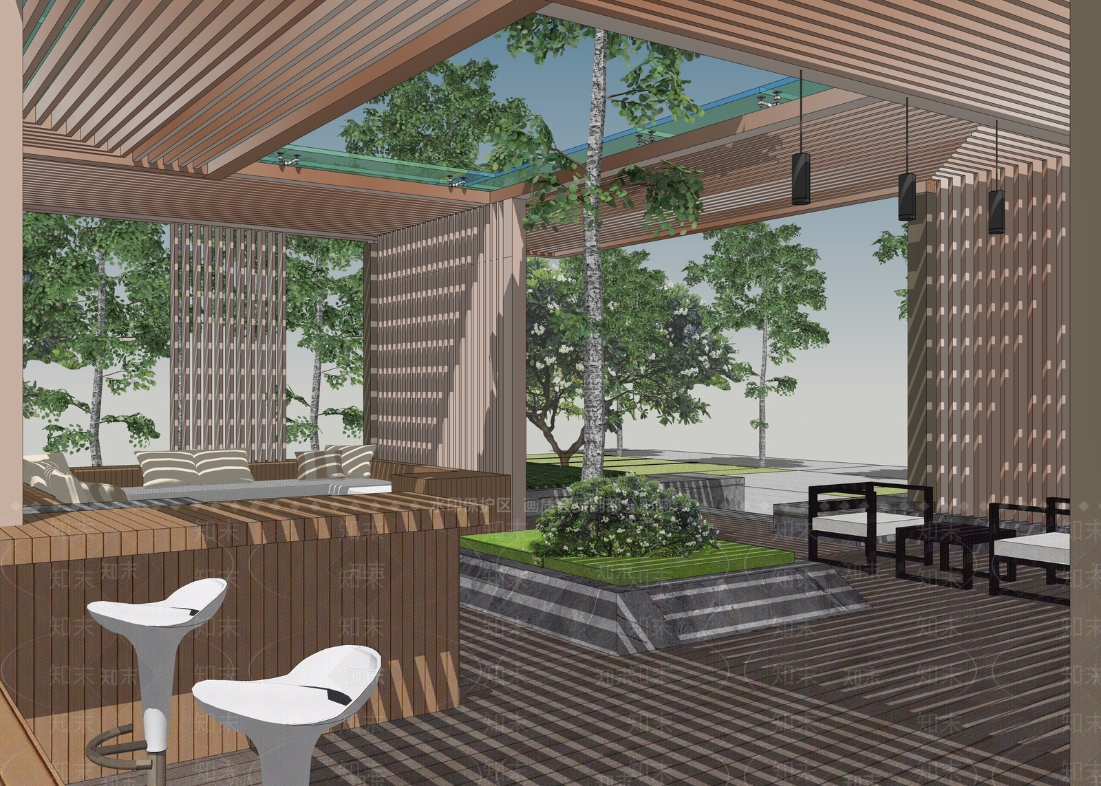 现代方形木格栅廊架SU模型下载【ID:1150196088】