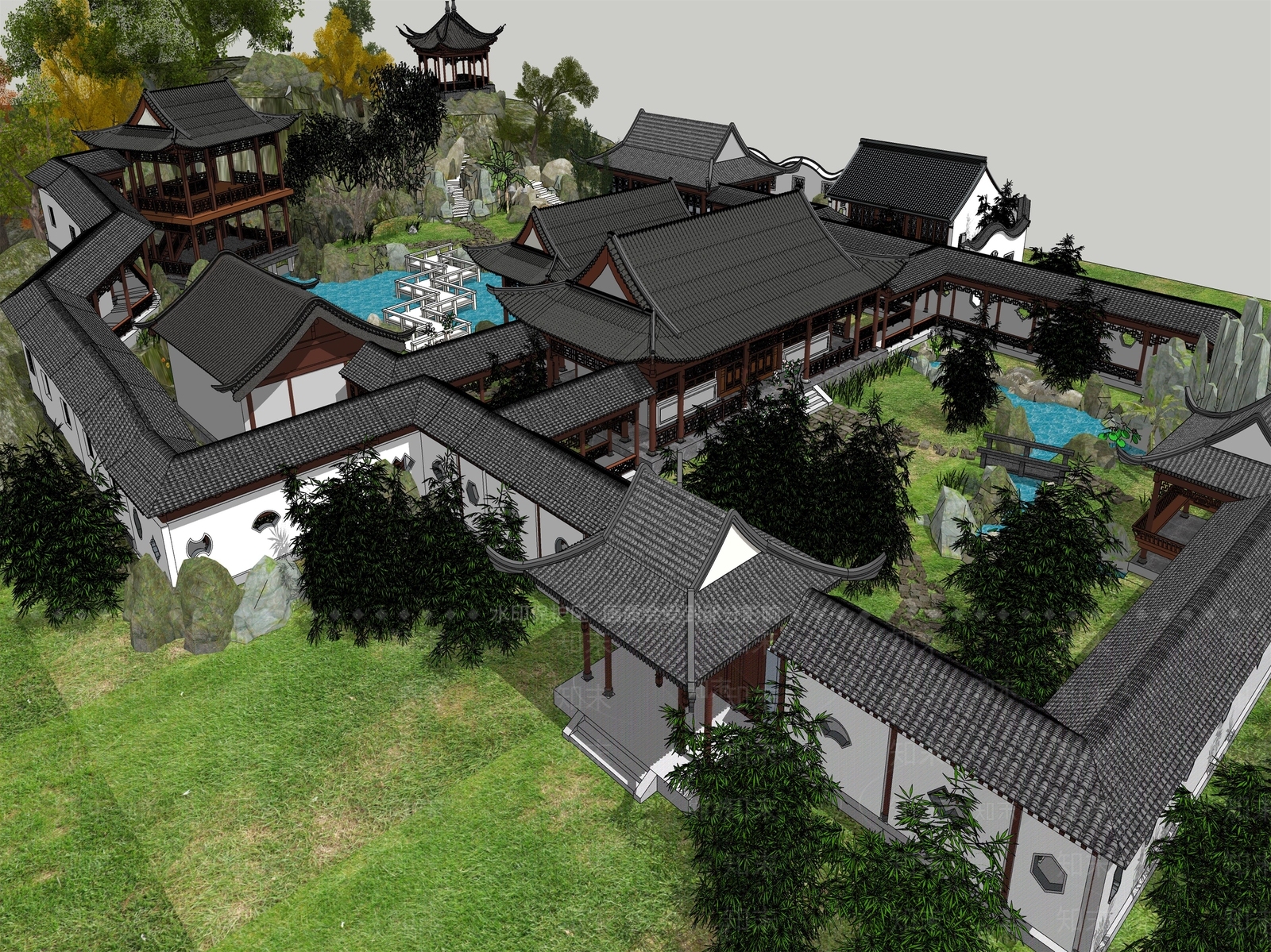 中式古典园林景观建筑SU模型下载【ID:1150198323】_知末su模型网