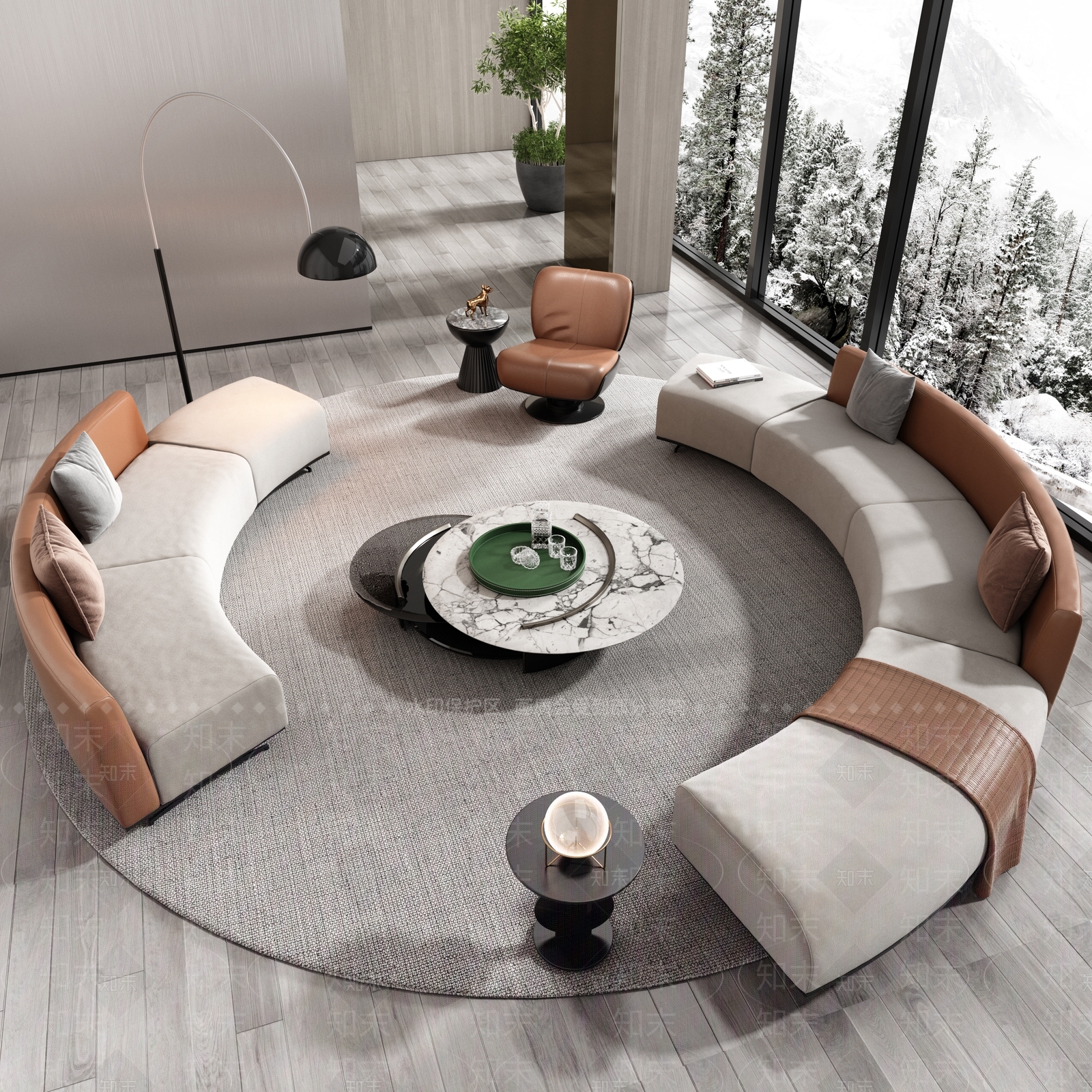 Minotti现代弧形沙发茶几组合3D模型下载【ID:1150198478】