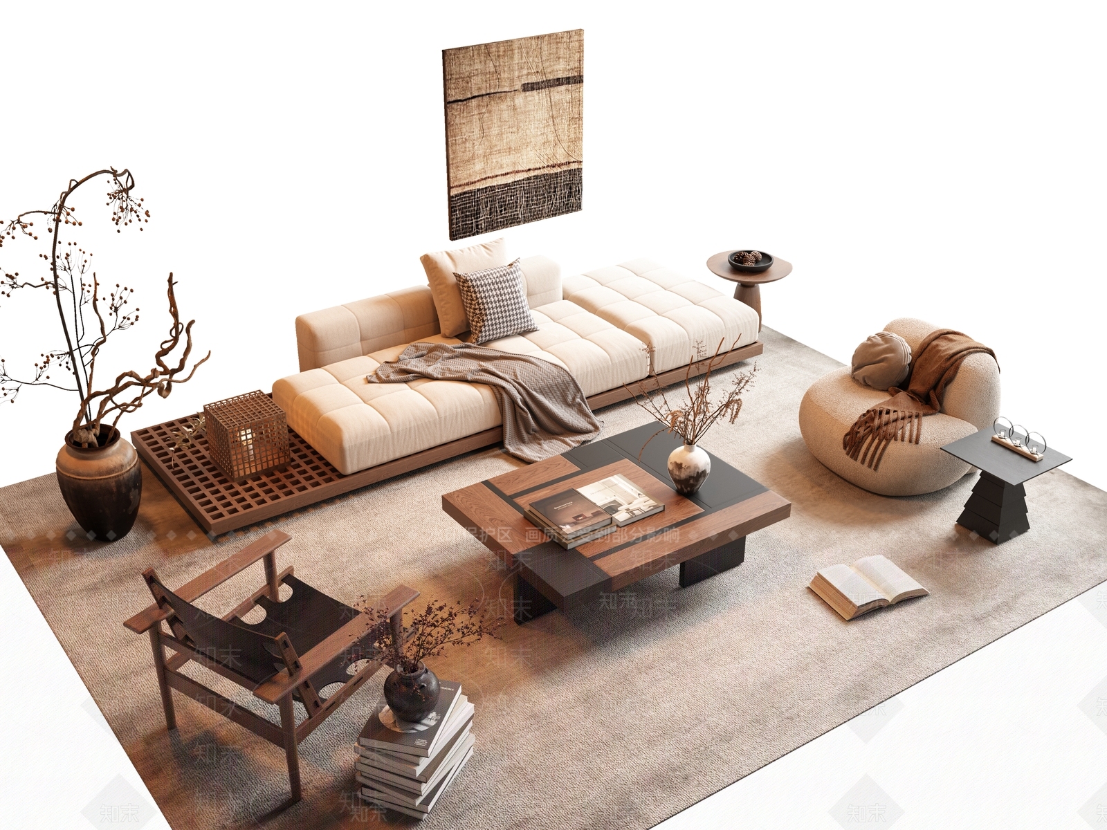 侘寂中古风沙发茶几组合3D模型下载【ID:1150199299】