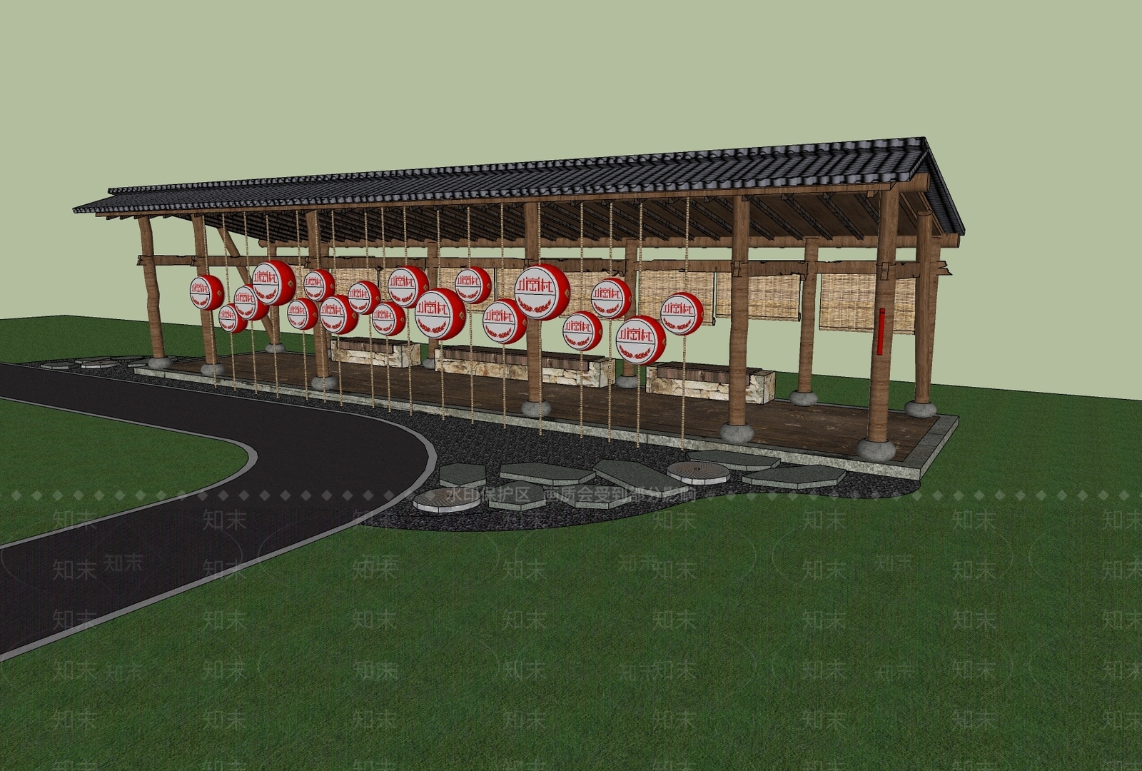 中式花鼓互动廊架SU模型下载【ID:1150204074】