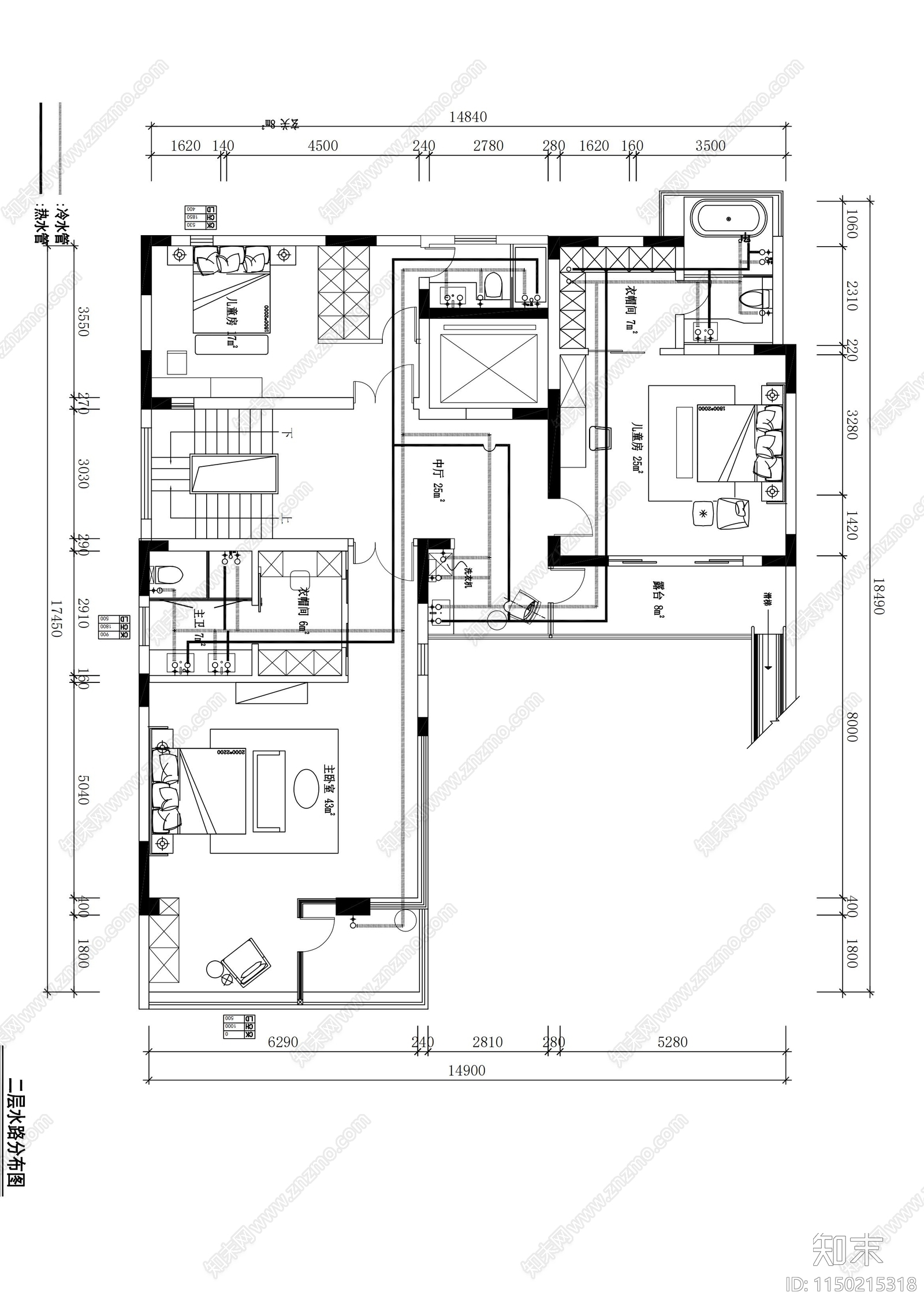 现代别墅卧室方案施工图下载【ID:1150215318】