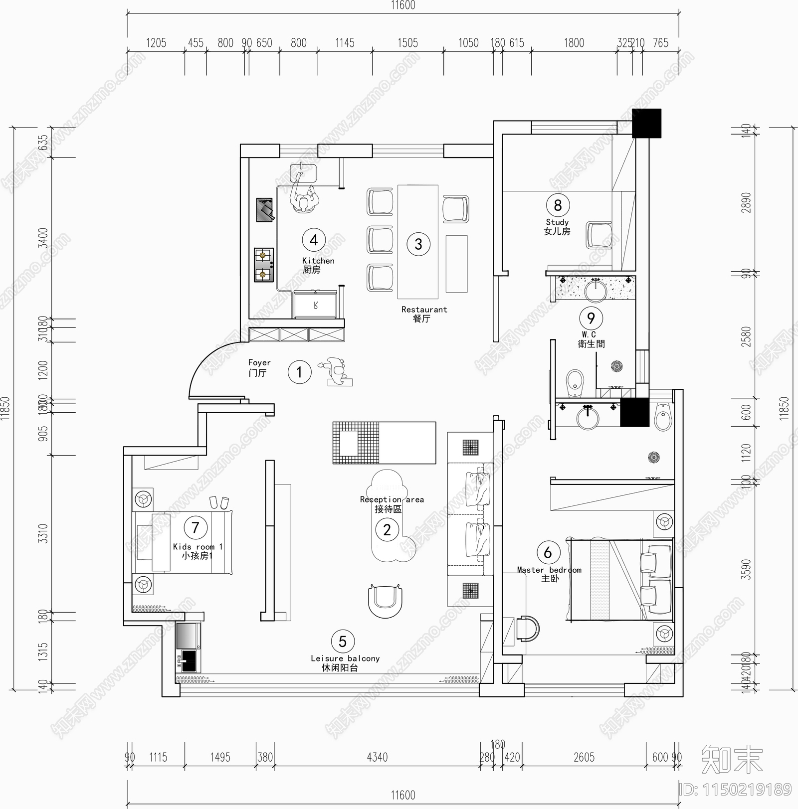 样板间图纸cad施工图下载【ID:1150219189】