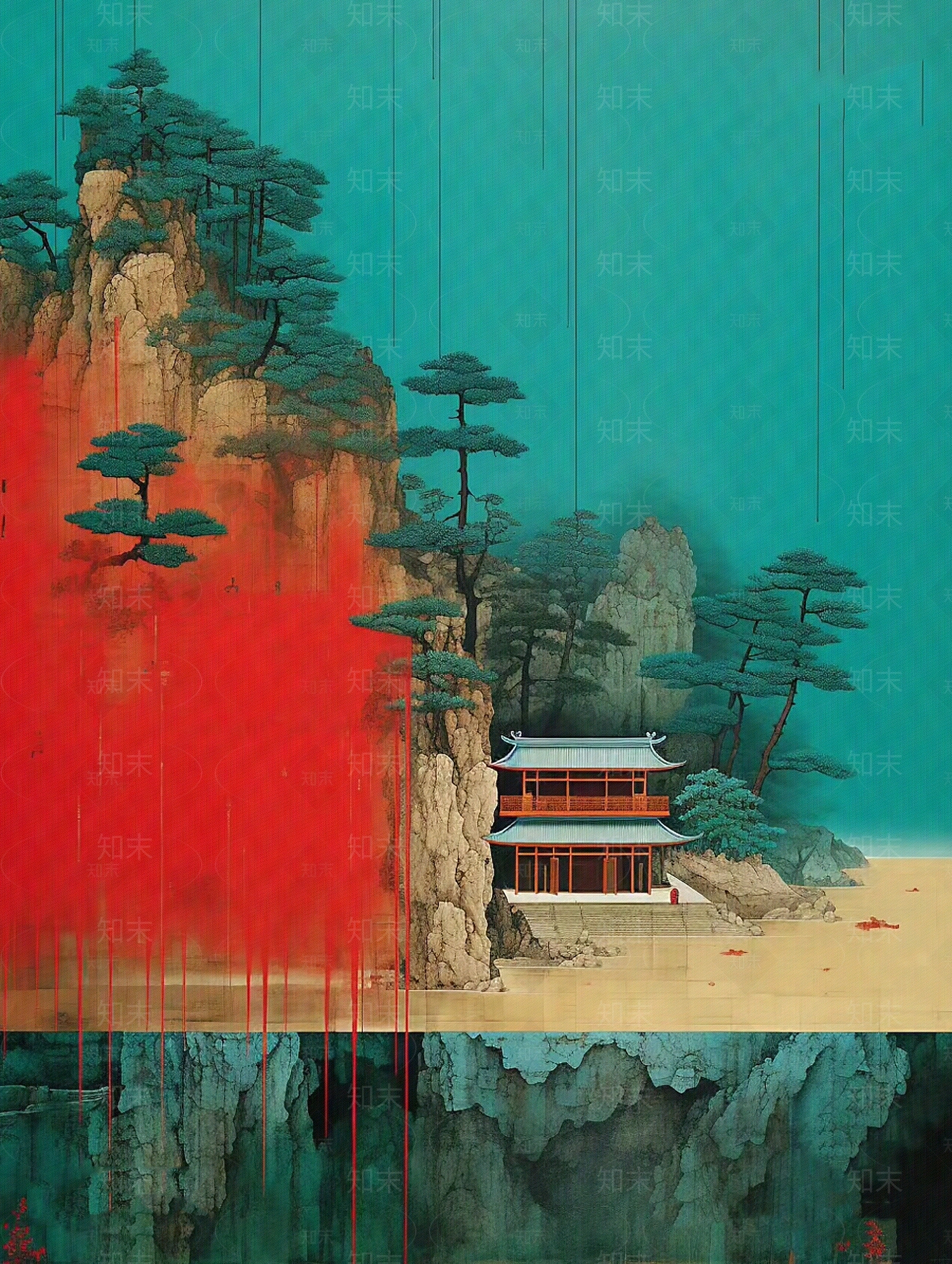 新中式红绿色建筑装饰画贴图下载【ID:1150222916】