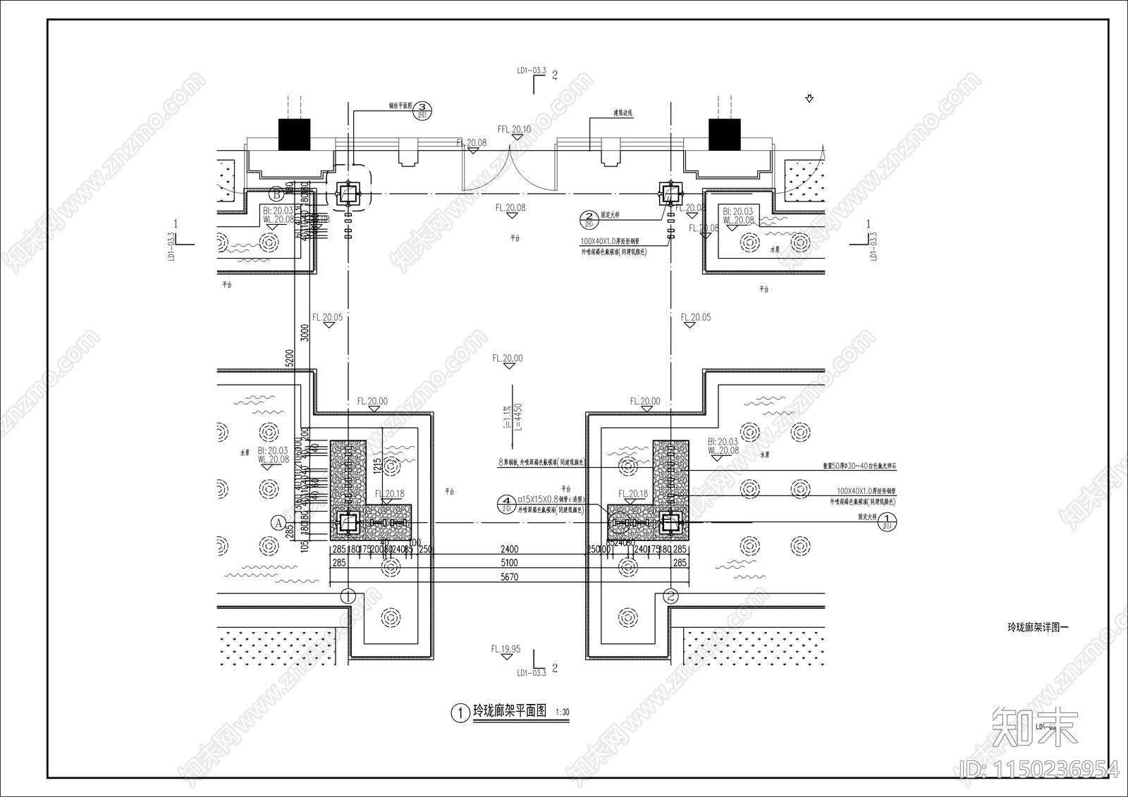 新中式景观廊架cad施工图下载【ID:1150236954】