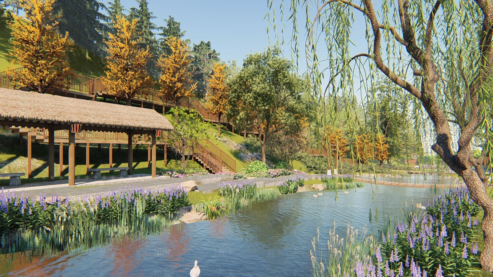 中式滨水景观公园SU模型下载【ID:1150336359】