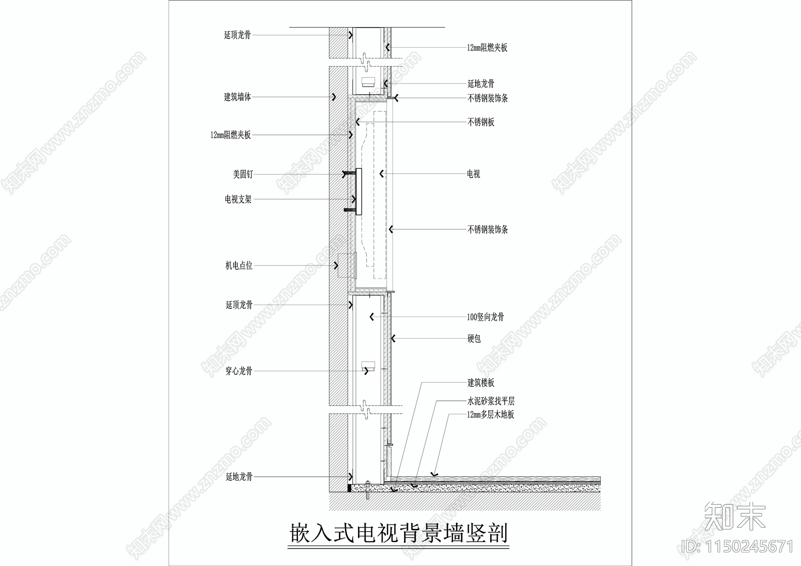 嵌入式电视背景墙做法施工图下载【ID:1150245671】