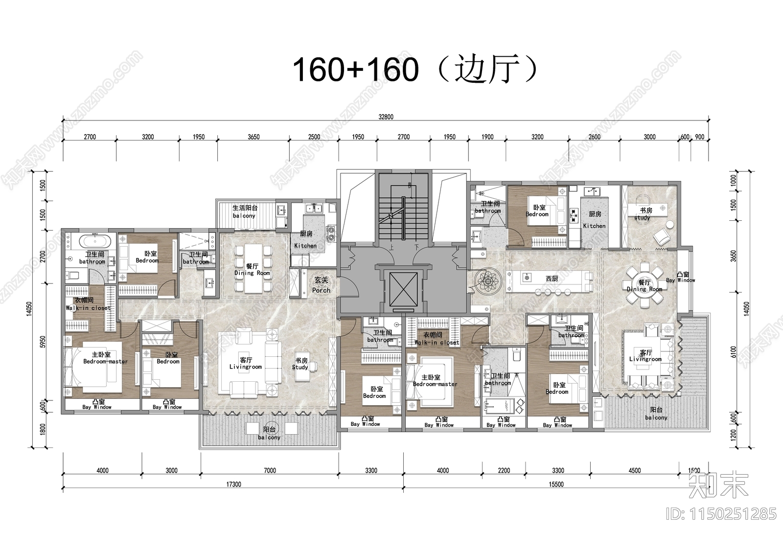 160户型建筑平面图施工图下载【ID:1150251285】