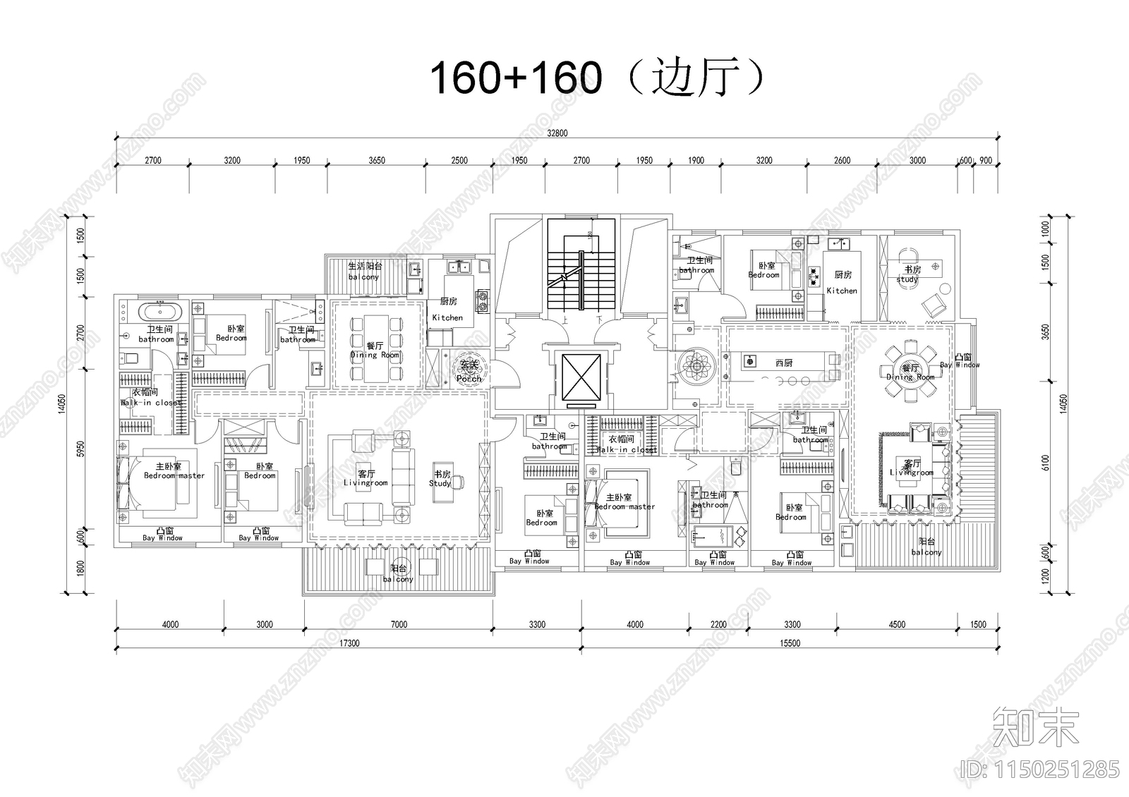 160户型建筑平面图施工图下载【ID:1150251285】