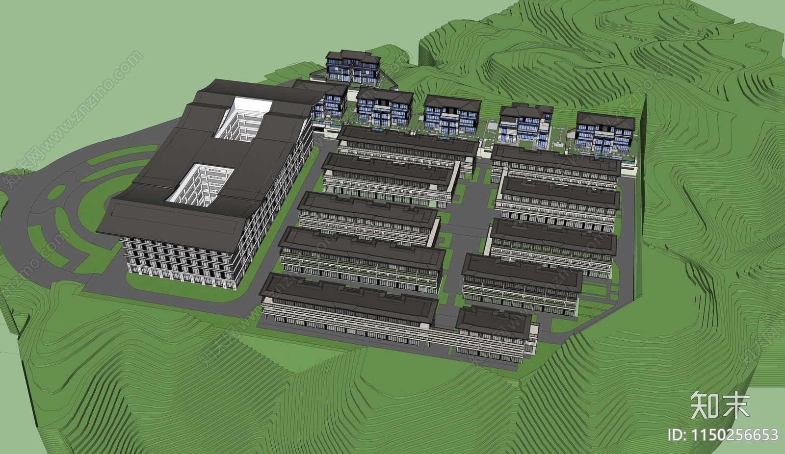 新中式别墅小区建筑SU模型下载【ID:1150256653】