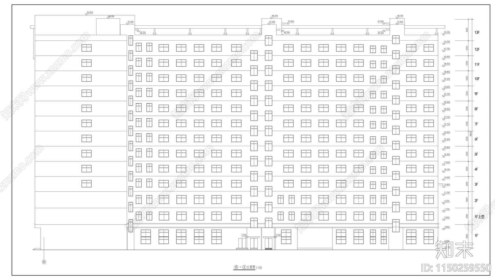 十三层商业综合体建筑cad施工图下载【ID:1150259550】