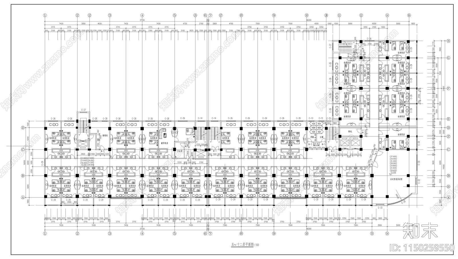 十三层商业综合体建筑cad施工图下载【ID:1150259550】