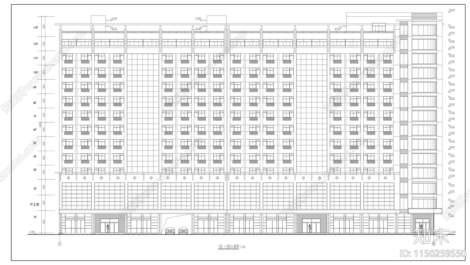 十三层商业综合体建筑cad施工图下载【ID:1150259550】