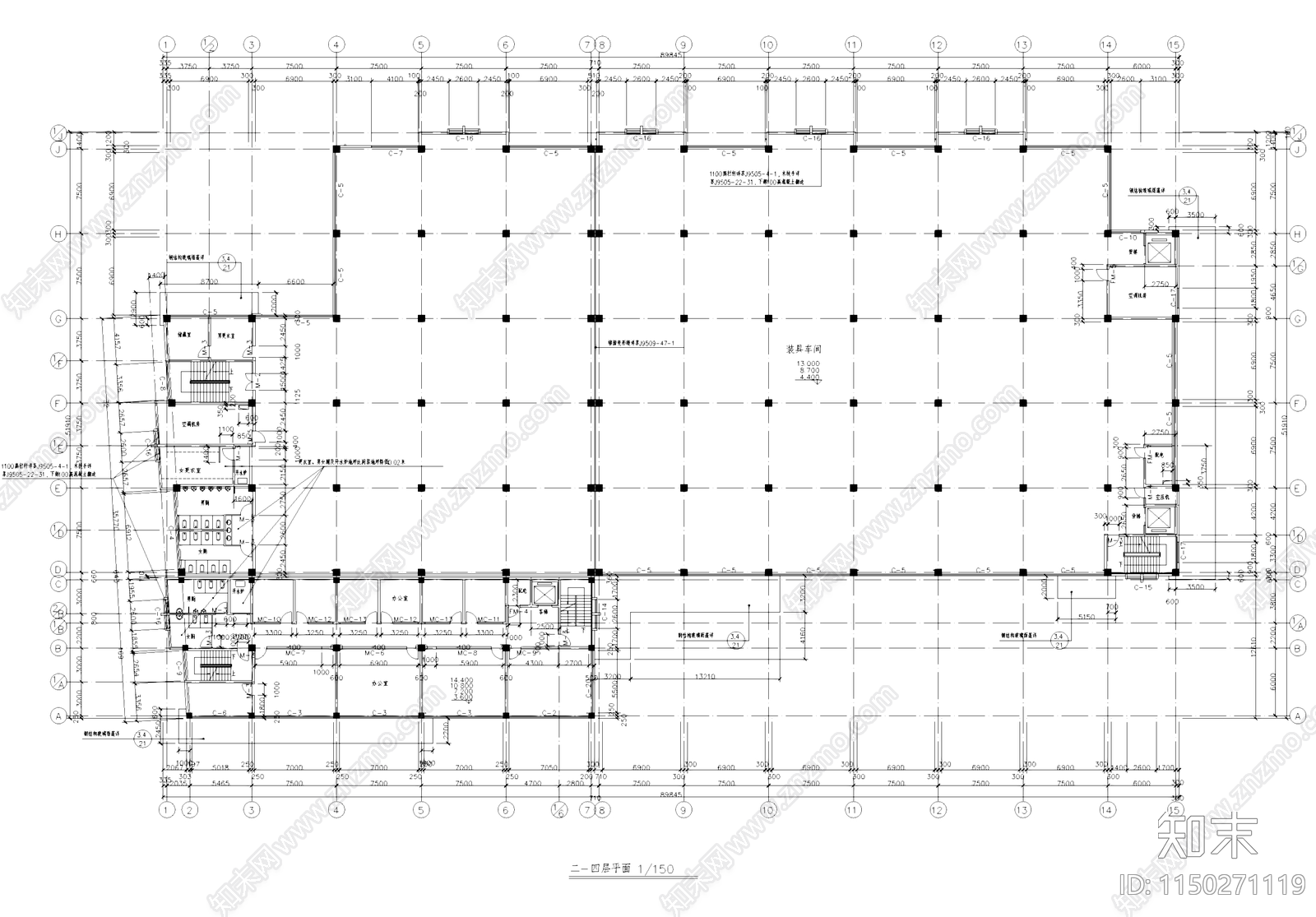 装具车间厂房办公楼工业建筑cad施工图下载【ID:1150271119】