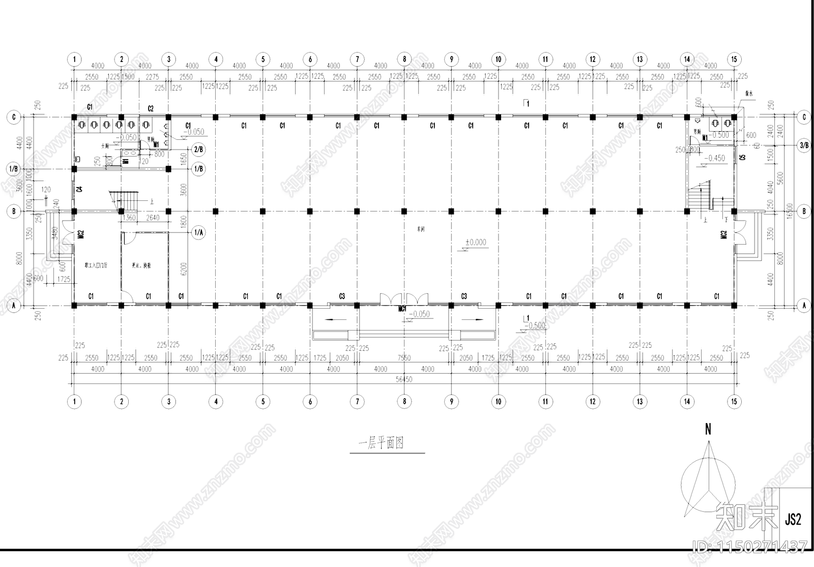 二级耐火七度抗震车间厂房工业建筑cad施工图下载【ID:1150271437】