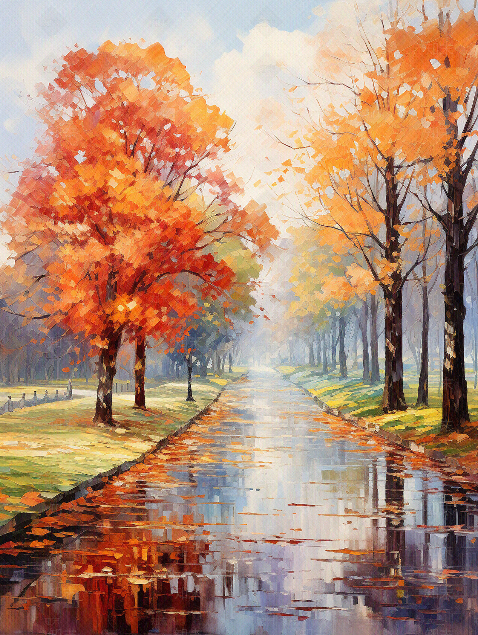 秋天雨后道路油画风景装饰画贴图下载【ID:1150276393】