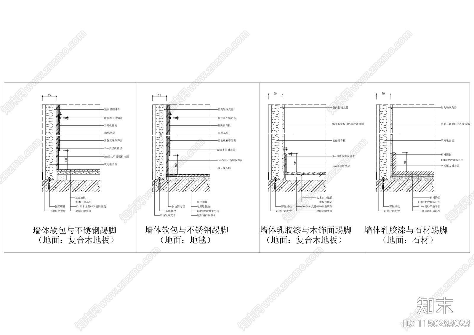 各类墙面与踢脚大样节点图cad施工图下载【ID:1150283023】