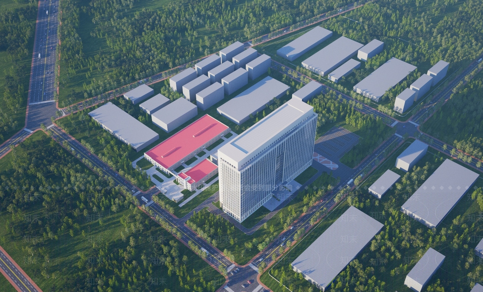 现代办公楼厂房建筑鸟瞰3D模型下载【ID:1150345187】