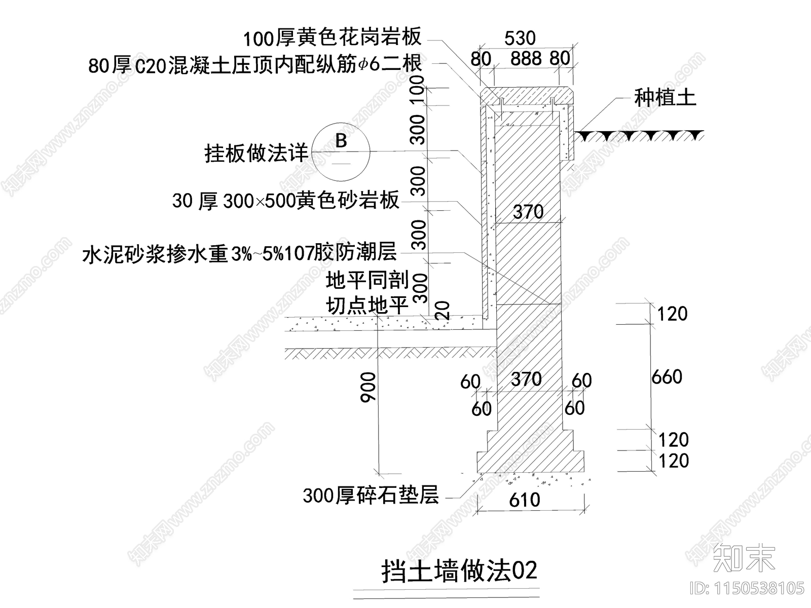 园林景观土建挡土墙做法立面节点大样图施工图下载【ID:1150538105】