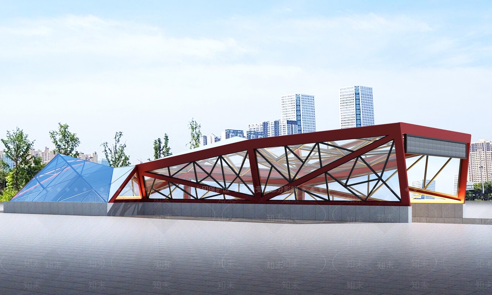 现代车库出入口钢结构玻璃雨棚3D模型下载【ID:1150323412】