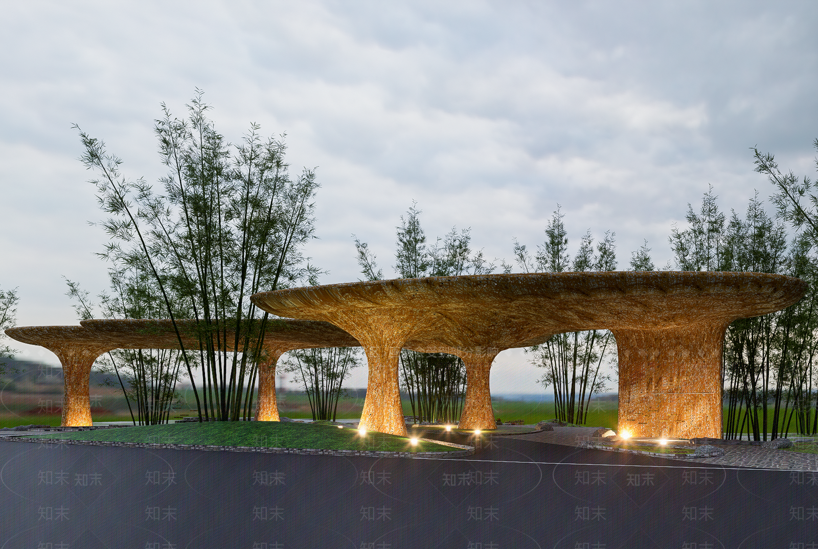 现代乡村风格竹艺构筑廊架SU模型下载【ID:1150331982】