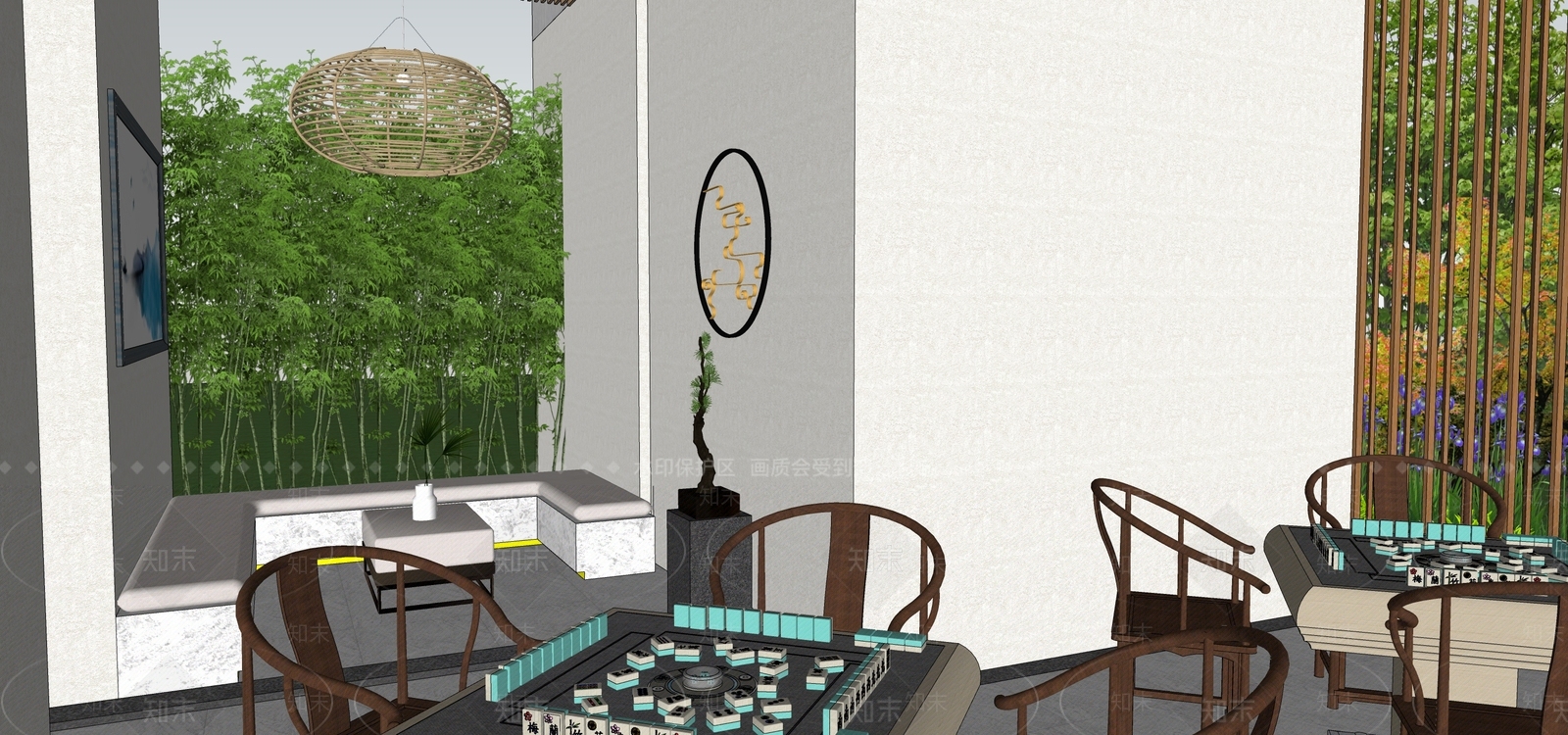 新中式高端茶室棋牌室主题架空层SU模型下载【ID:1150334186】