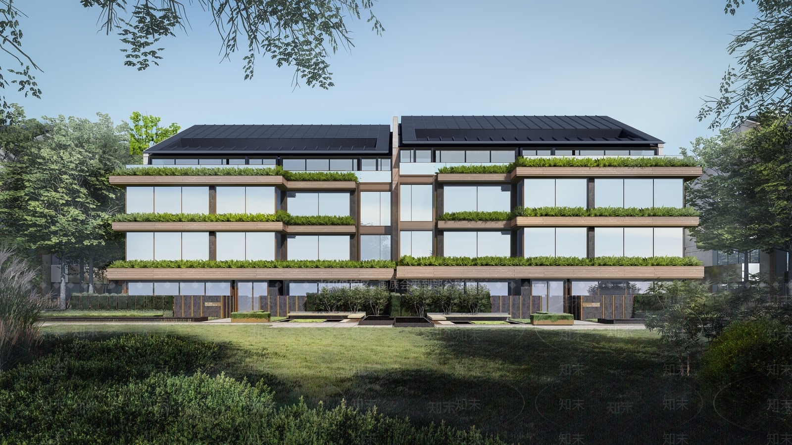 现代三角坡屋顶双拼别墅SU模型下载【ID:1150336529】