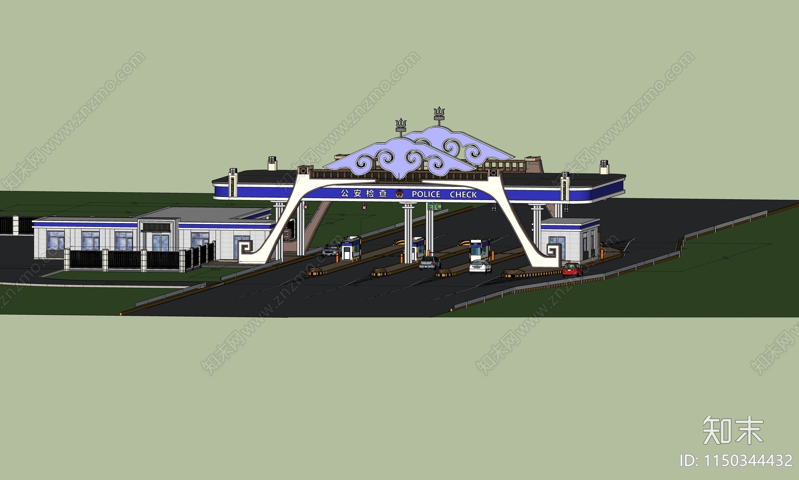 新中式机场路安检站SU模型下载【ID:1150344432】