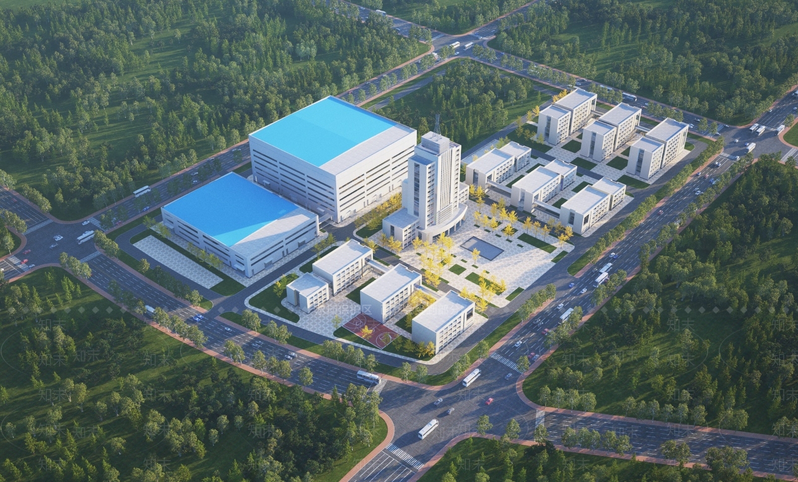 现代厂房办公楼建筑鸟瞰3D模型下载【ID:1150348416】